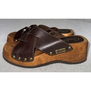 Vtg Candies Sandals Shoe Sz 7 Wood Platform Gold Studded Wooden Brown Leather